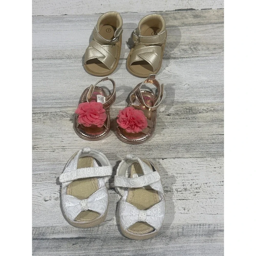 Sandals Bundle Girls 3-6m Gold Rose Gold White Floral Lace EUC‎